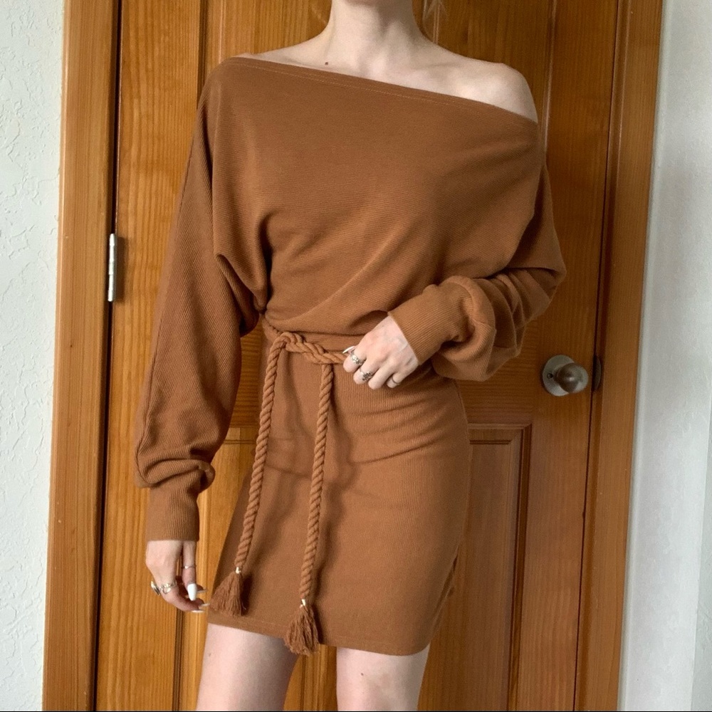Boatneck Ribbed Burnt Orange Fitted Boho Dress